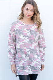 White Birch Long Sleeve Multi Pink Camo Print Top