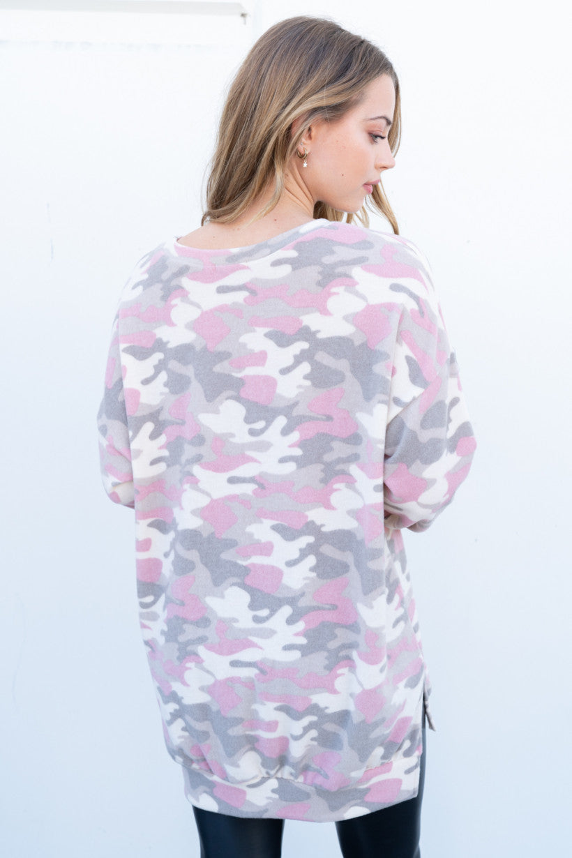 White Birch Long Sleeve Multi Pink Camo Print Top