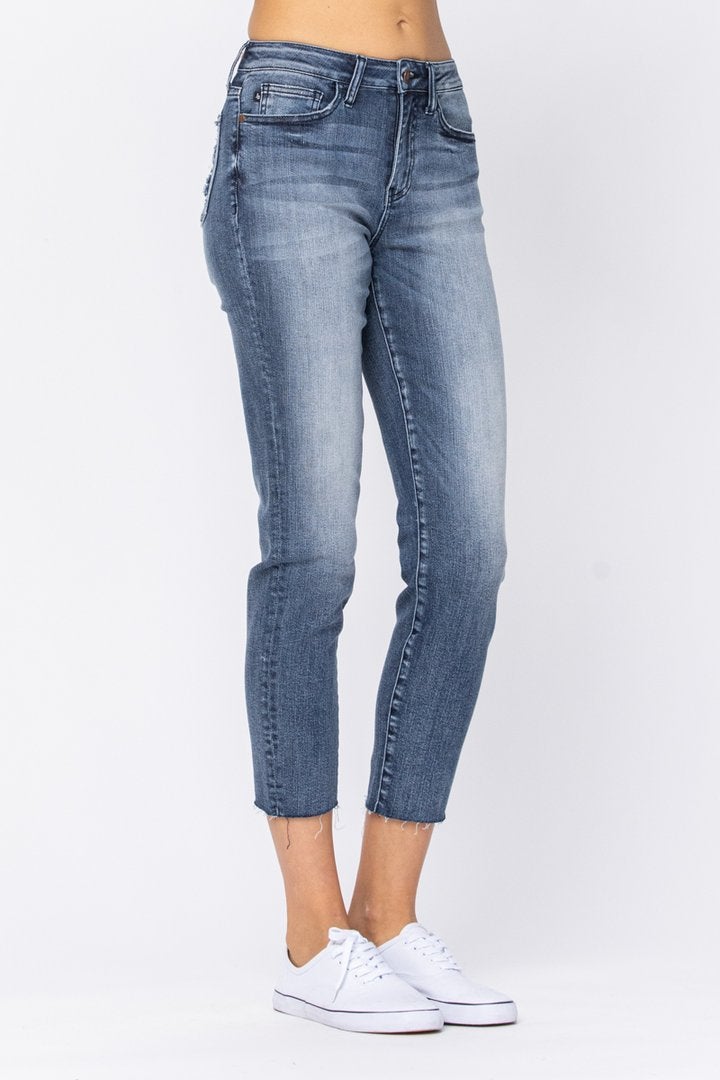 Judy Blue Womens Cropped Boyfriend Jeans with Raw Hem and High