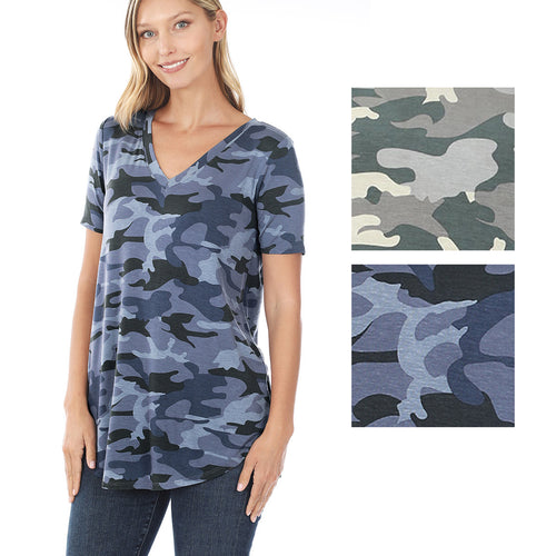 Zenana Womens Camouflage Print V-Neck Round Hem Top
