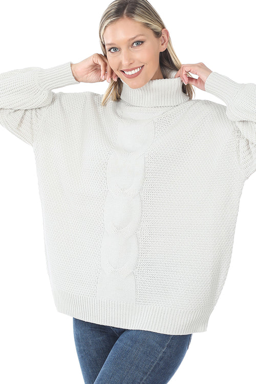 Zenana Womens Cable Knit Turtleneck Balloon Sleeve Sweater