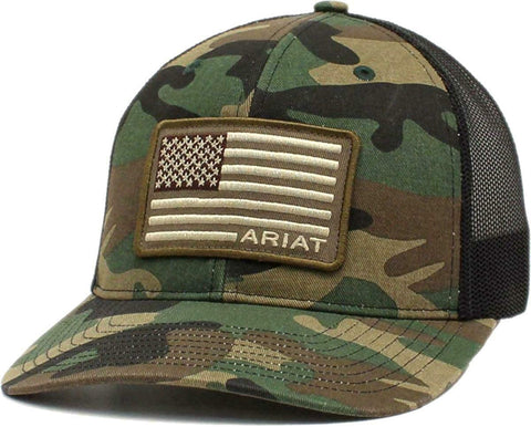 ARIAT Mens Embroidered USA Flag Patch Camo Snap Back Baseball Cap