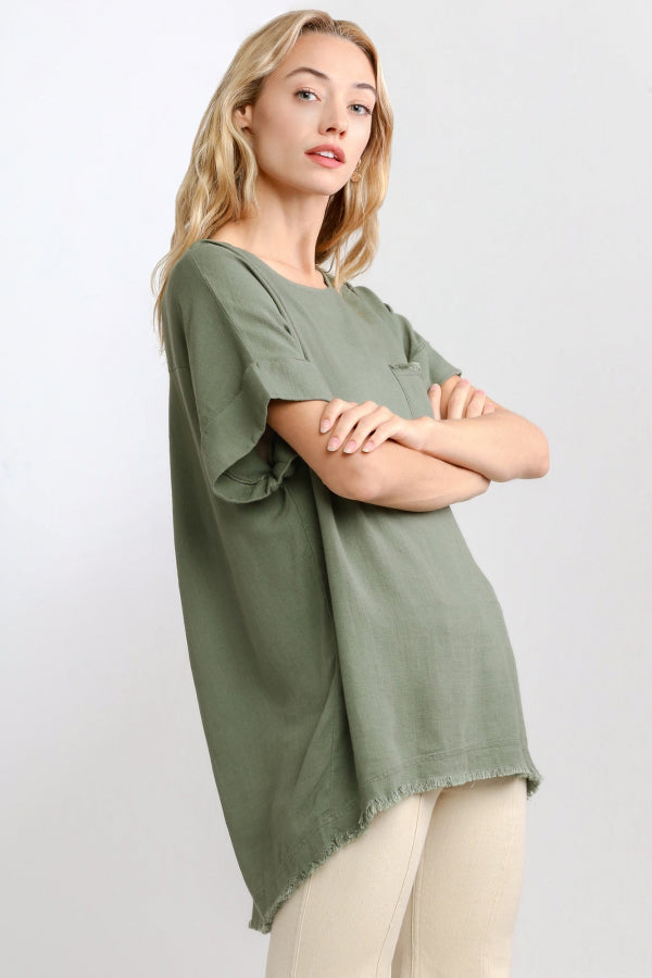 Umgee Womens Cuffed Short Sleeve Top