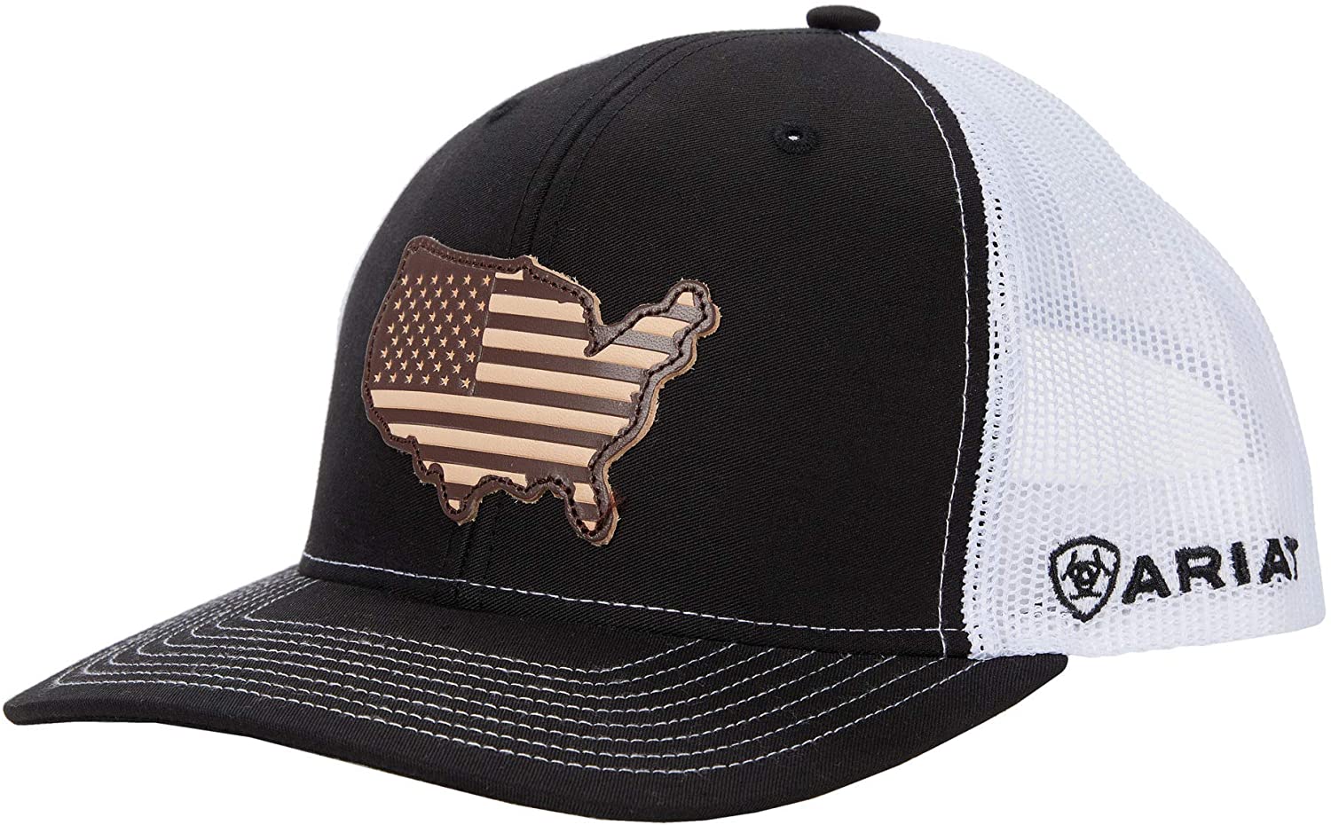 Ariat Mens Richardson 112 USA Leather Patch Snapback Cap Hat (Black/White)