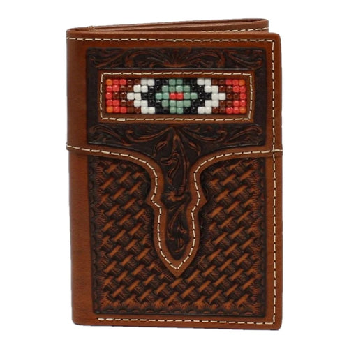 Nocona Mens Beaded Basket Weave Trifold Leather Wallet