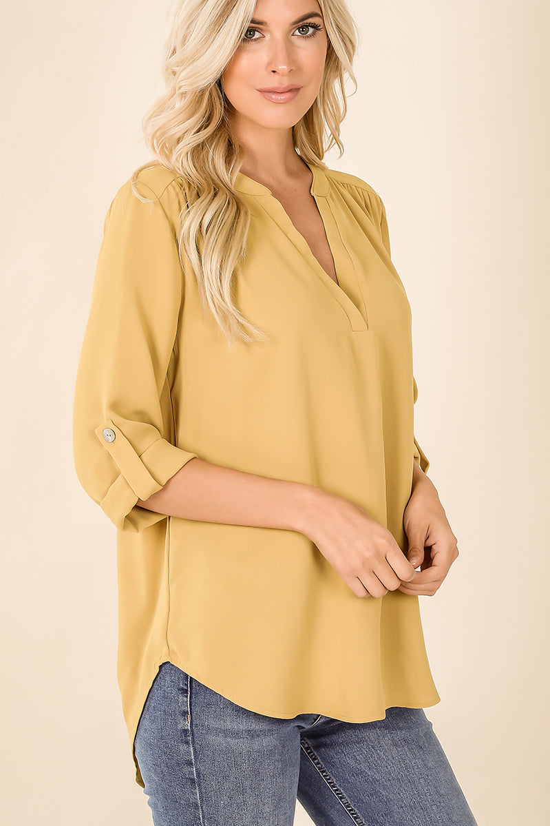 Zenana Womens Woven Henley Split Neck Blouse