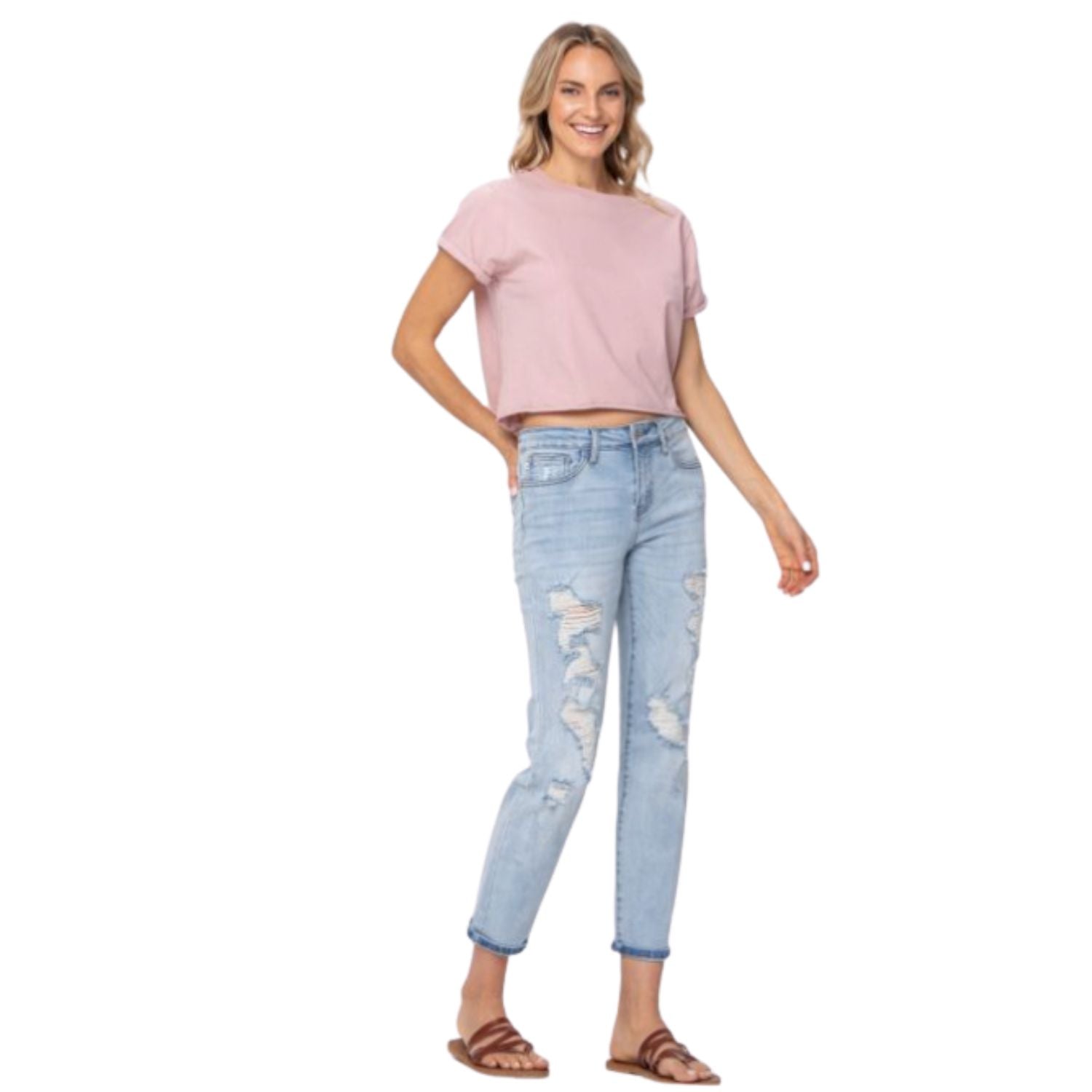 Judy Blue Womens Mid-Rise Destroyed Boyfriend Fit Jeans, Light Wash