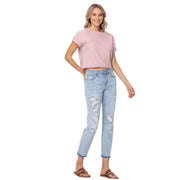 Judy Blue Womens Mid-Rise Destroyed Boyfriend Fit Jeans, Light Wash