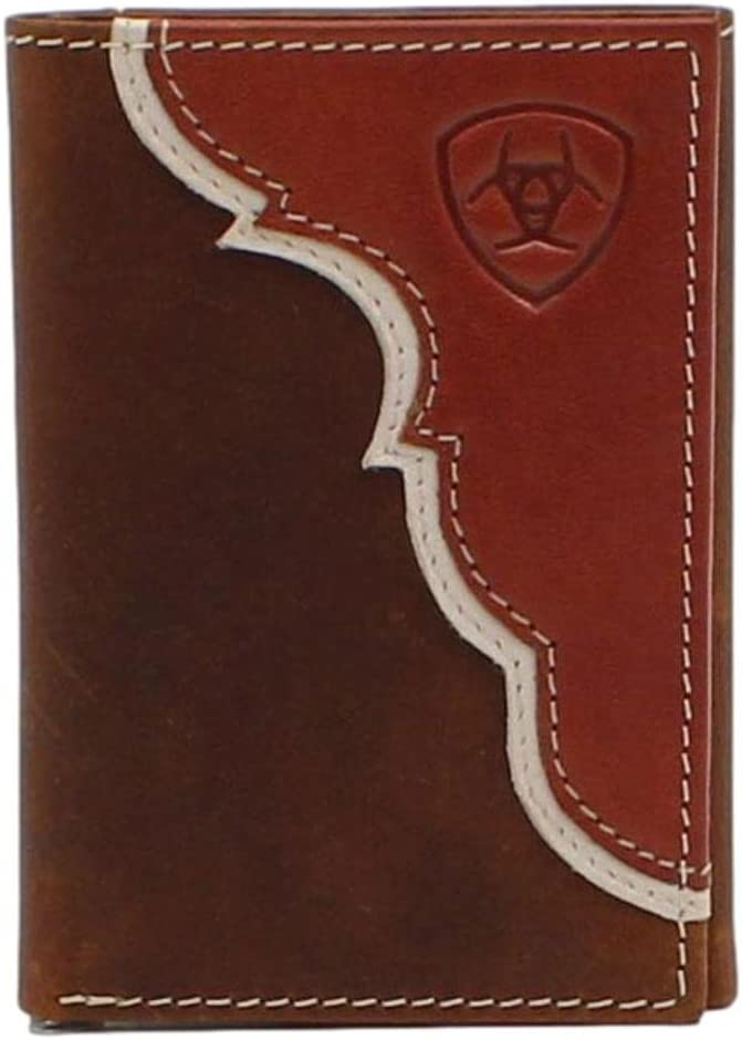 Ariat Mens Two Toned Overlay Embossed Shield Logo Leather Trifold Wallet
