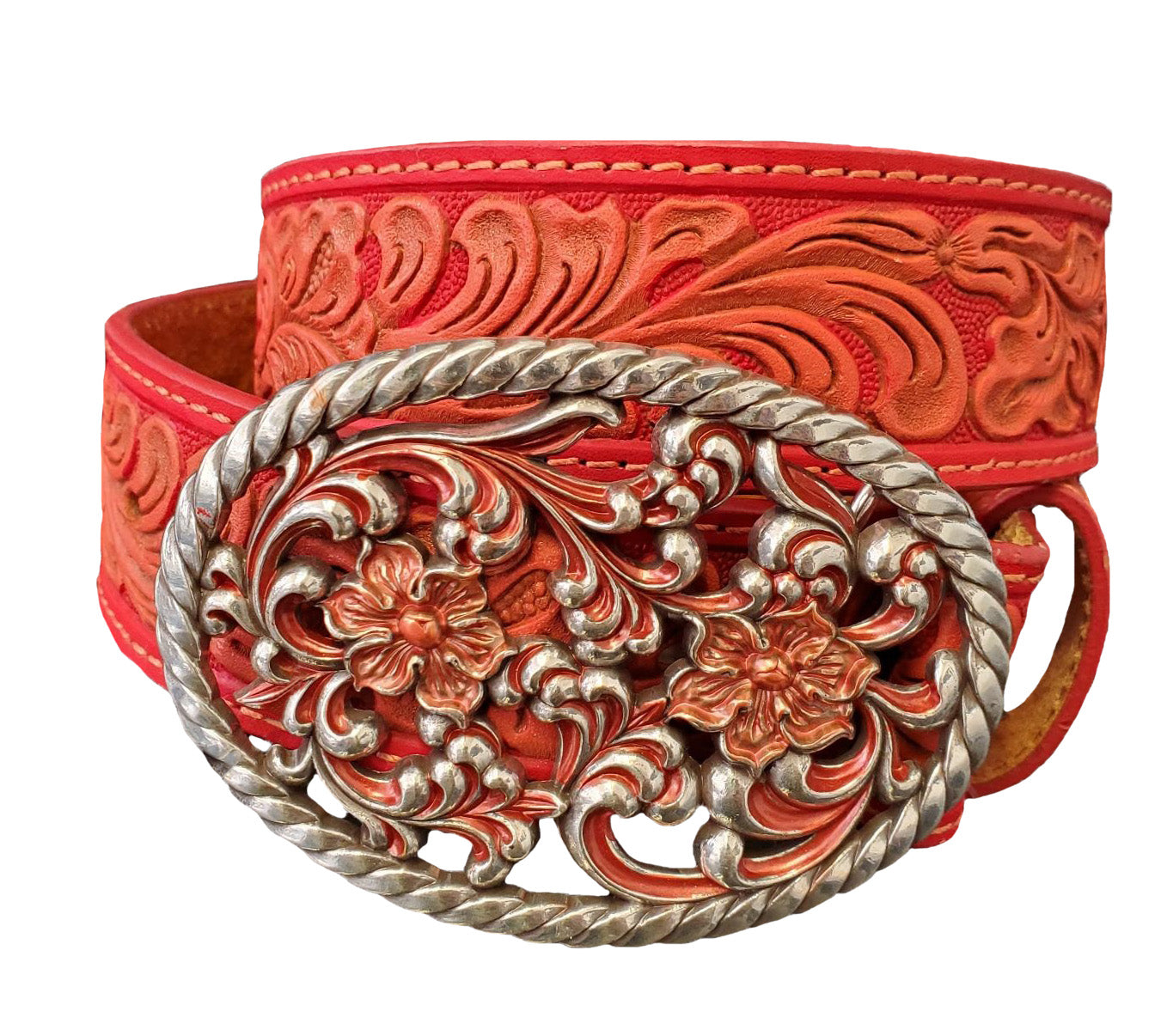 Nocona Womens Aged Floral Buckle Embossed Leather Belt