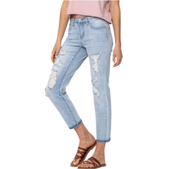 Judy Blue Womens Mid-Rise Destroyed Boyfriend Fit Jeans, Light Wash