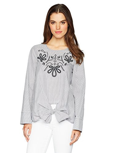 kensie Women's Classic Striped Shirting with Embroidery, Midnight Navy Combo, XL