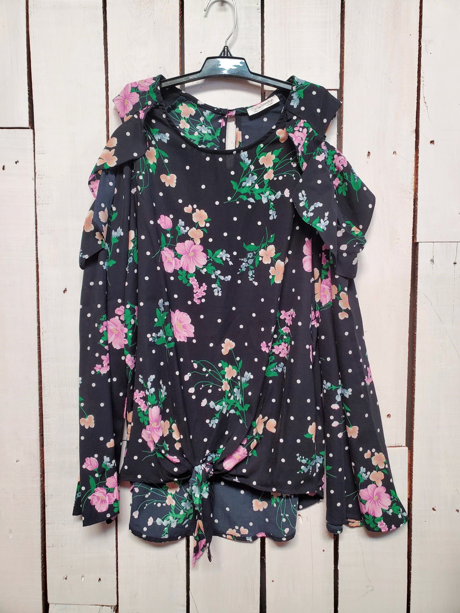 Carole Christian Womans Floral Polka Dot Cold Shoulder Blouse