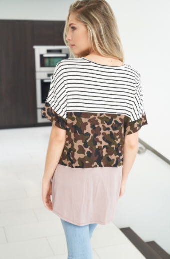 White Birch Short Sleeve Twist Front Shirt, Stripe, Camo & Pink