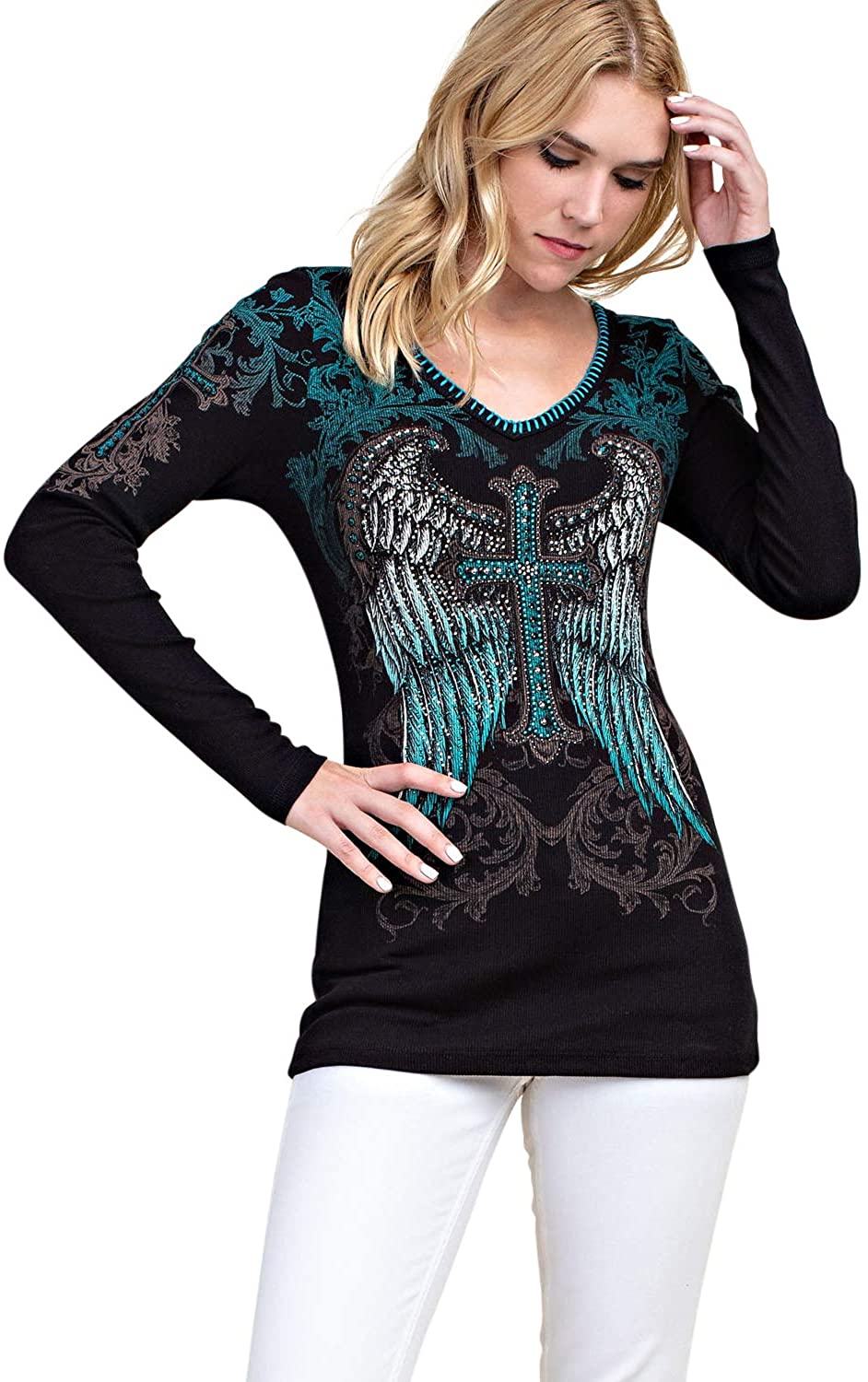 Vocal Womens Cross Wings with Stitches Rhinestone Long Sleeve Top