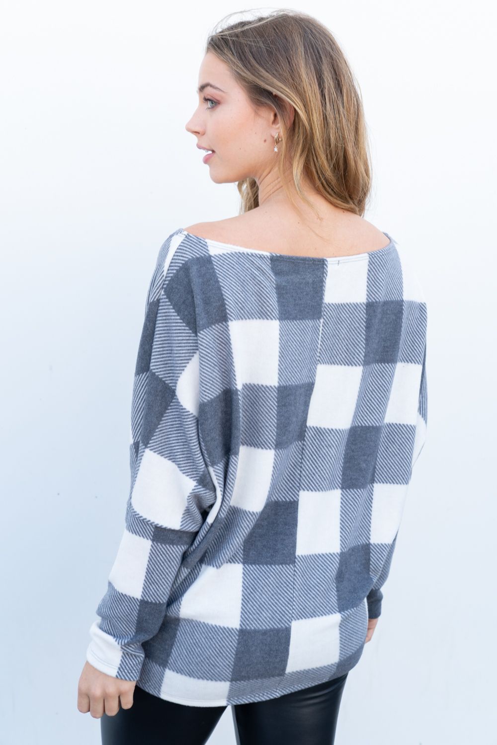 White Birch Womens Dolman Sleeve Buffalo Plaid Knit Top