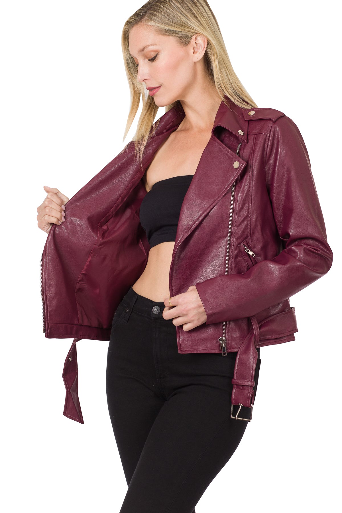 Zenana Womens Vegan Leather Belted Moto Jacket