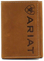 Ariat Mens Leather Vertical Logo Tri-fold Wallet, Medium Brown