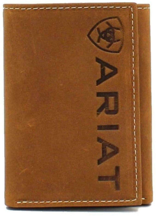 Ariat Mens Leather Vertical Logo Tri-fold Wallet, Medium Brown
