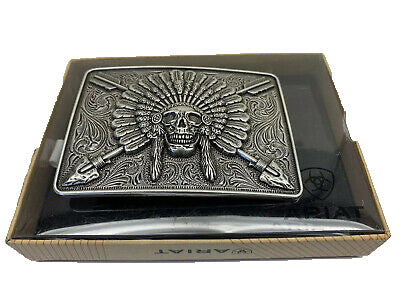 Ariat Mens Western Rectangle Chief Headress Skull Buckle (Silver)