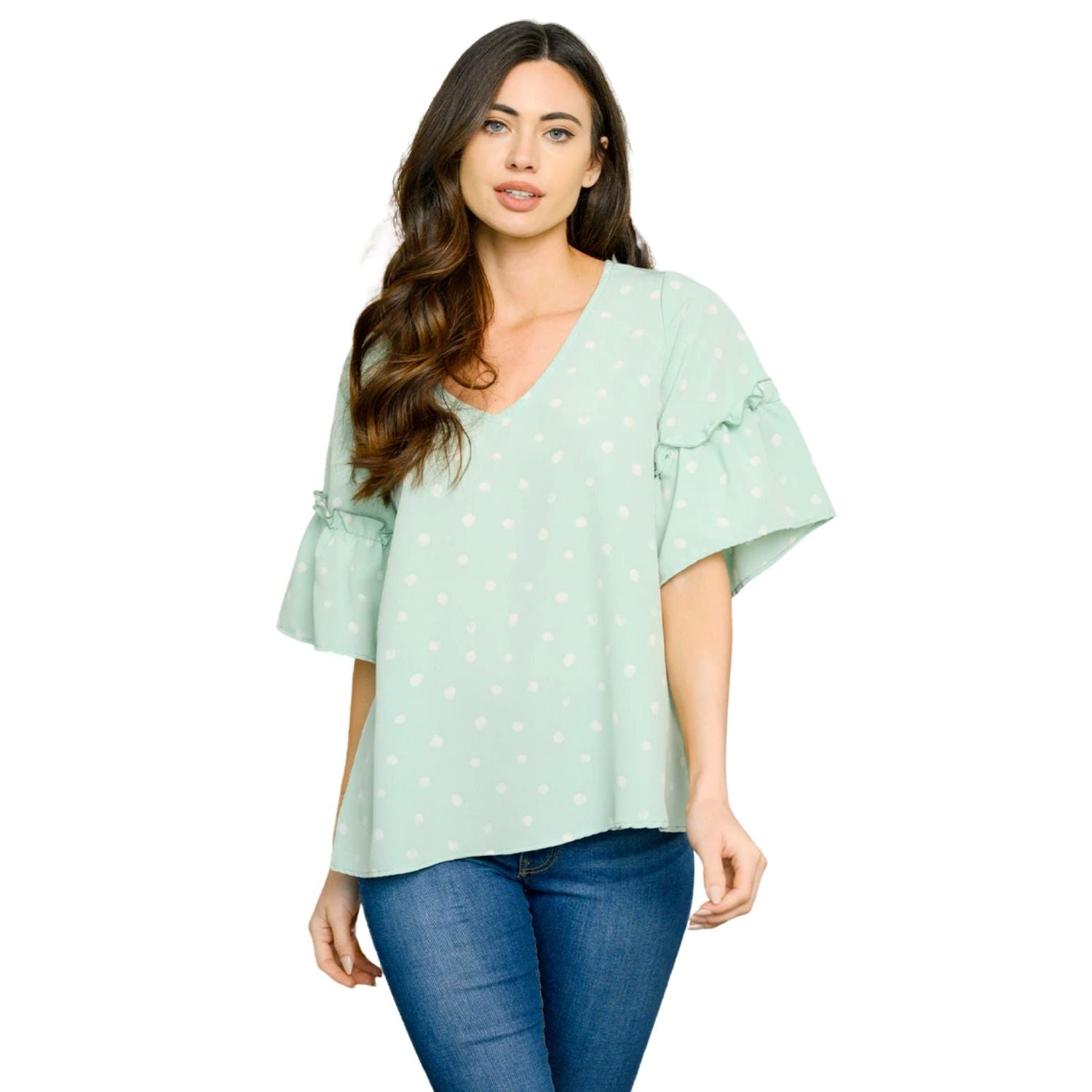 Vine & Love Womens V-neck Ruffle Sleeve Polka Dot Blouse