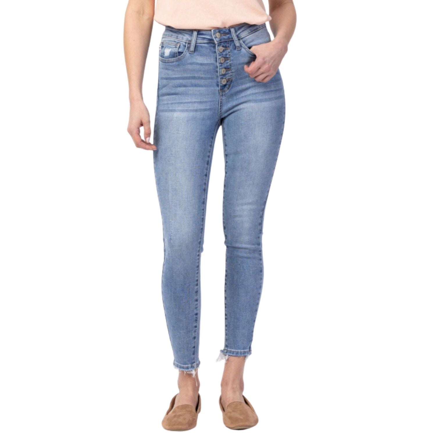 Judy Blue Womens High Rise Skinny Button Fly Frayed Hem Light Wash Jeans