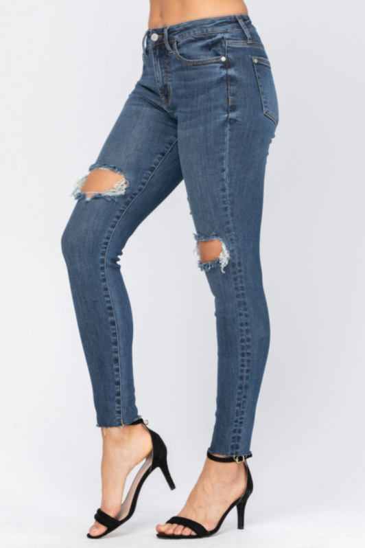 Judy Blue Womens Destroyed Knee Mid Rise Denim Skinny Jeans