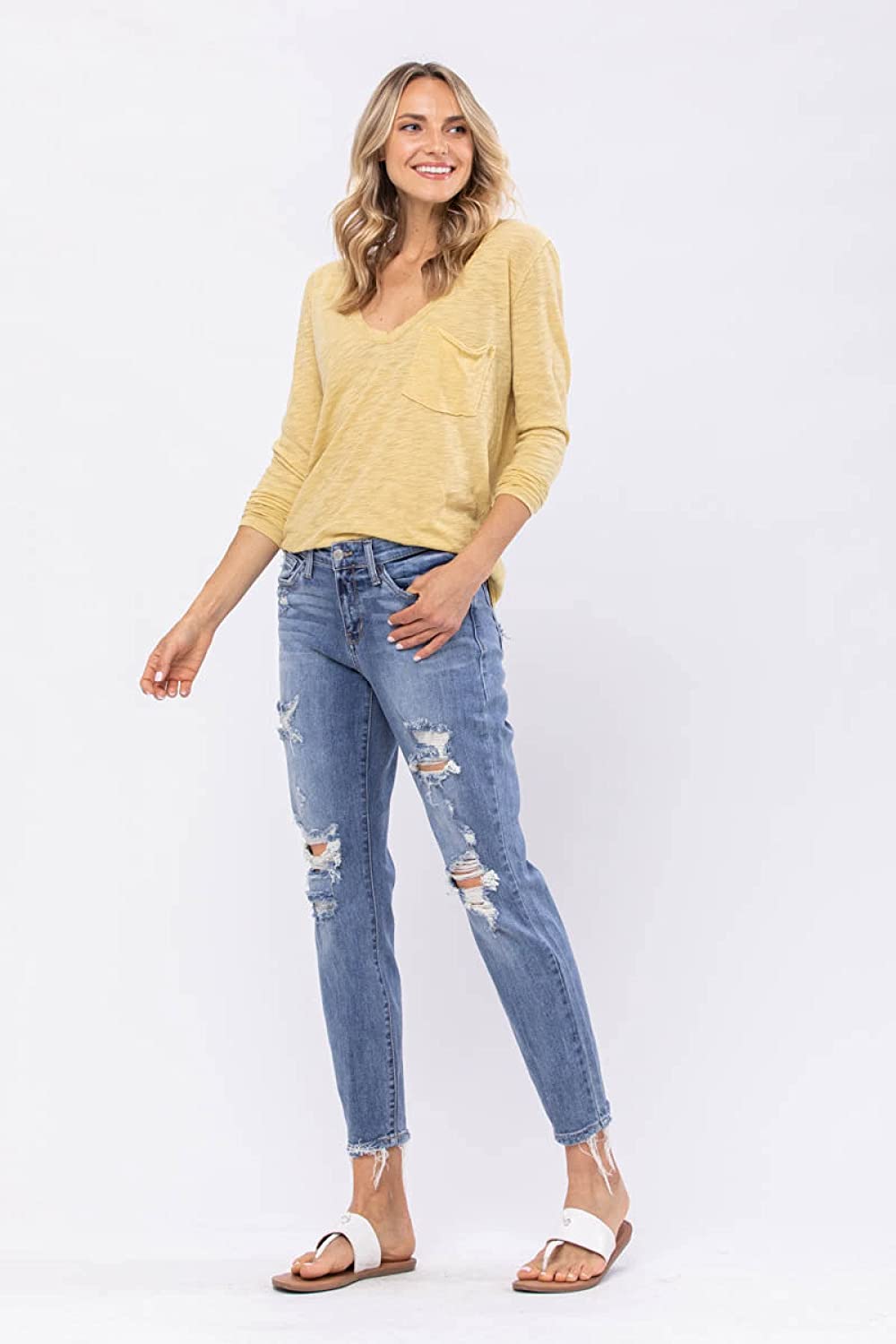 Judy Blue Womens Mid-Rise Destroyed Boyfriend Fit Jeans