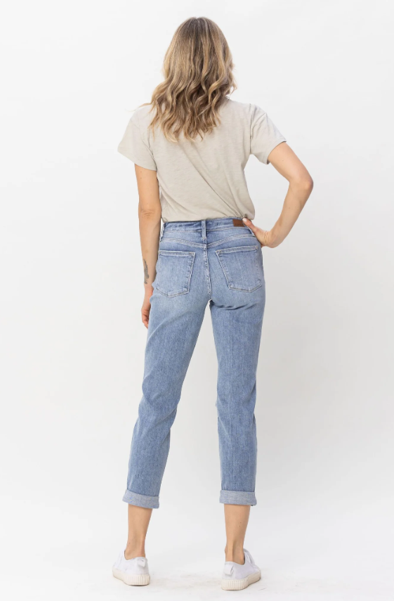 Judy Blue Womens Mid Rise Double Cuff Destroyed Boyfriend Denim Jeans