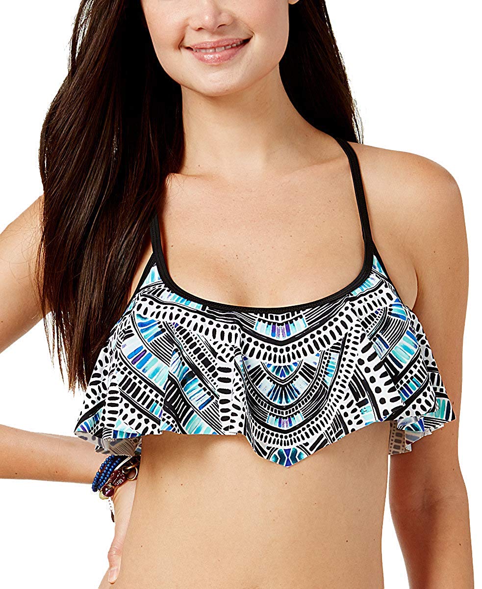 California Waves Juniors Aqua Black Printed Macrame Back Flounce Bikini Top
