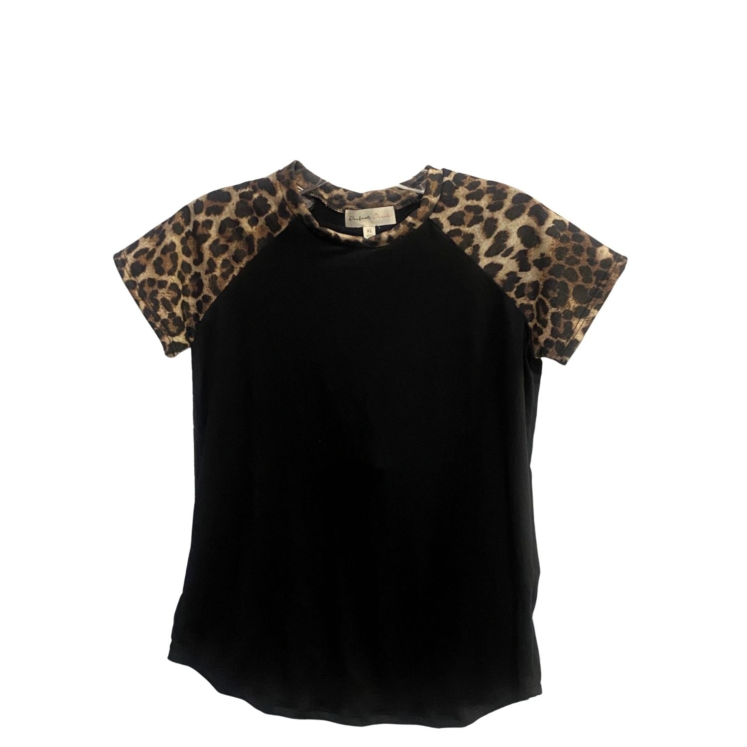 Girls Short Sleeve Crew Neck Top, Black Leopard Print