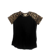 Girls Short Sleeve Crew Neck Top, Black Leopard Print