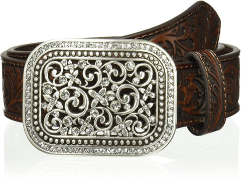 Ariat Womens Western Filigree Rhinestone Removable Buckle Embossed Leather Belt