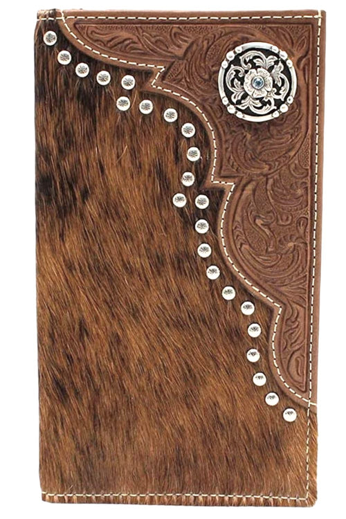 Nocona Mens Hair On Floral Tooled Corner Overlay Concho Rodeo Wallet (Brown)