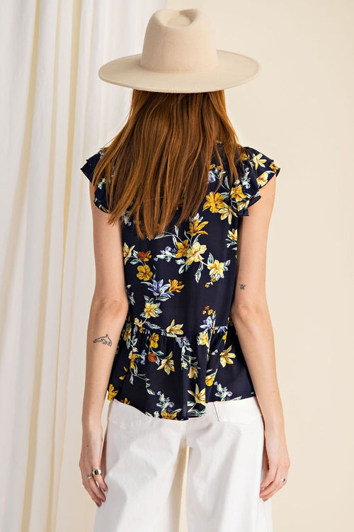 Easel Women Loose Fit Floral Print Ruffle Cap Sleeve Top