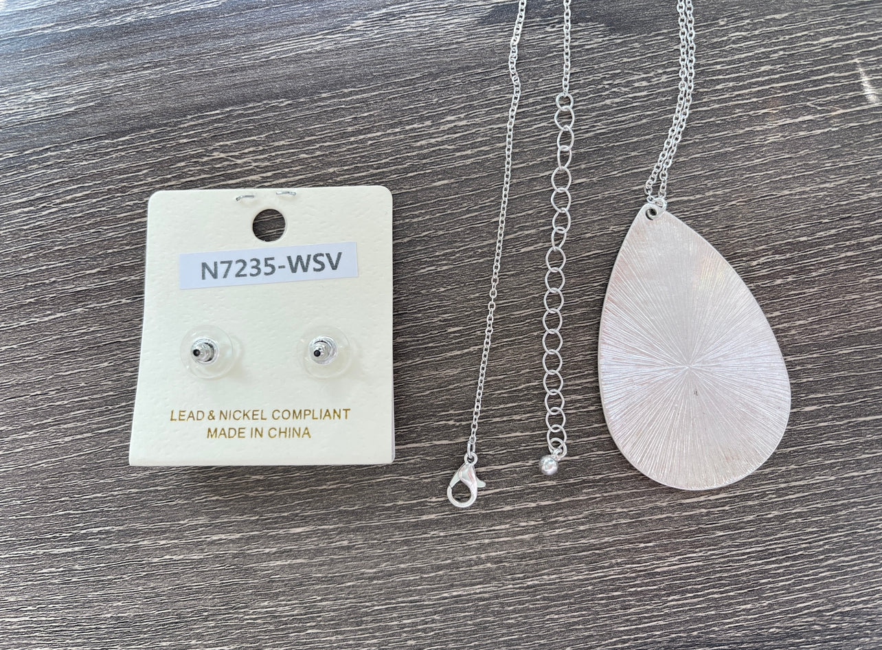 Silver Colored Women's Teardrop 32" Necklace and Earrings