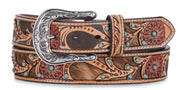 Ariat Womens Red Floral Tooled Calf Hair Underlay Leather Belt