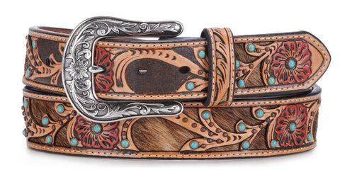 Ariat Womens Turquoise Inlay Floral Embossed Leather Bling Belt