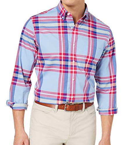 Club Room Mens Plaid Print Pocket Button Down Shirt Blue XL