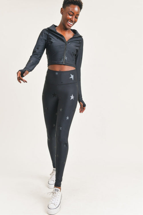 Mono B Black Star Foil Cropped Jacket with Thumb Holes