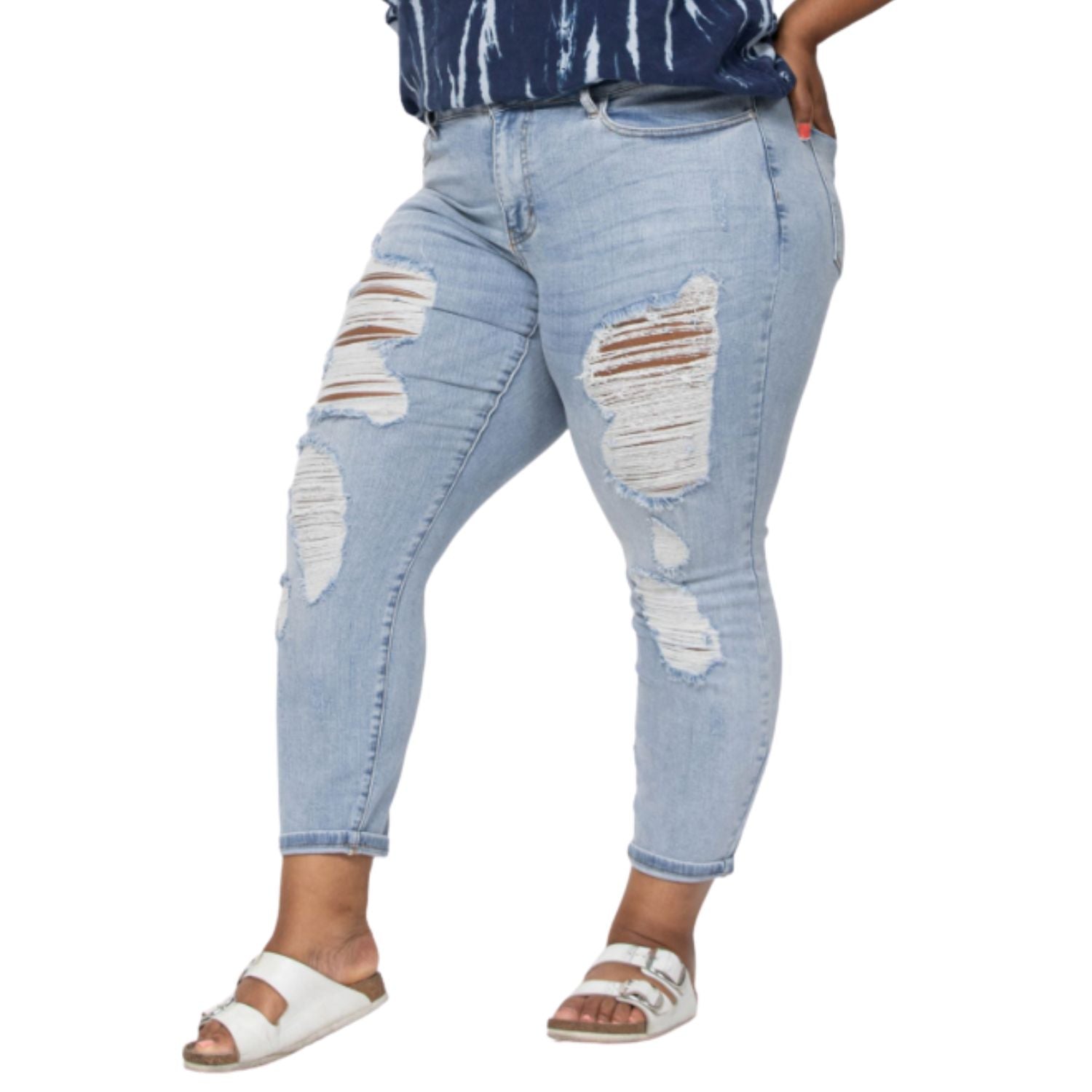 Judy Blue Womens Mid-Rise Destroyed Boyfriend Fit Jeans, Light Wash