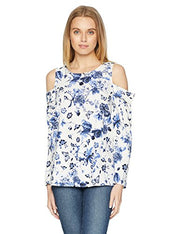 kensie Women's Floral Cold Shoulder Top, French Vanilla Combo, S