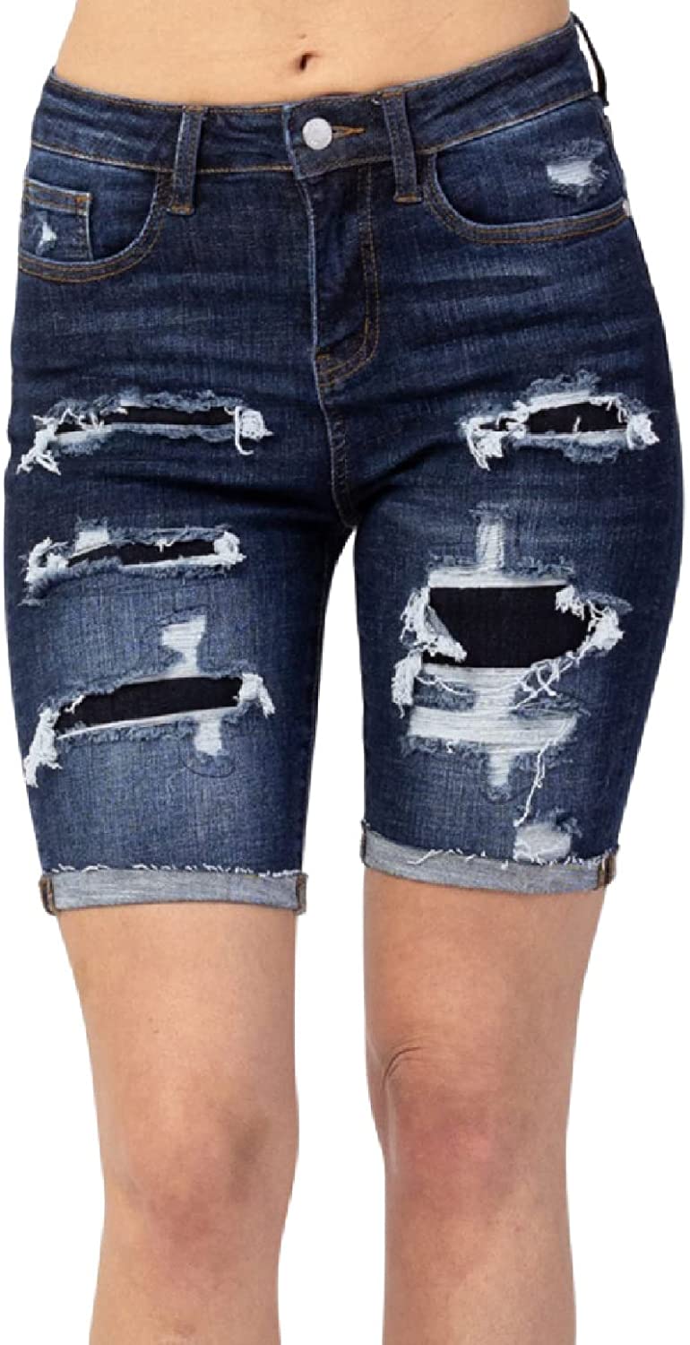 Judy Blue Womens Destroyed Patch Cutoff Bermuda Shorts