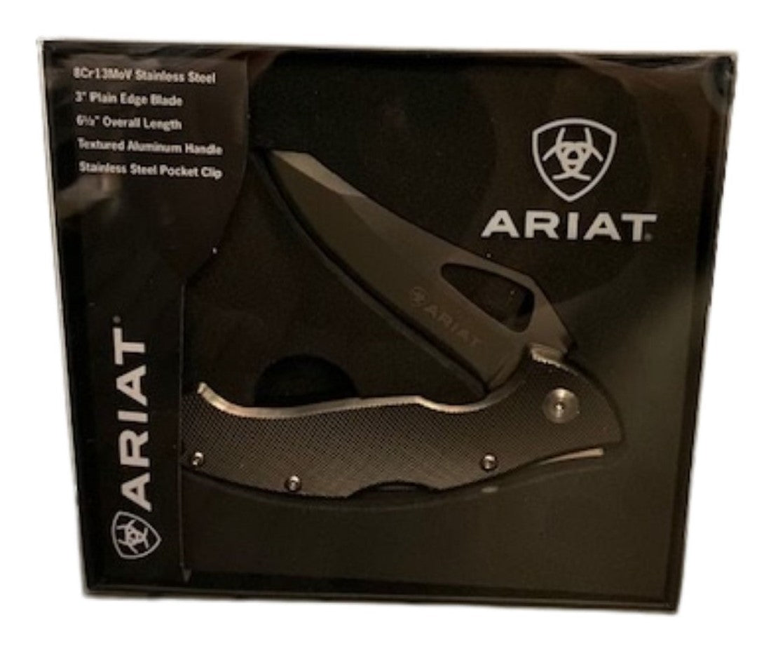 Ariat Engraved Logo Folding Stainless Steel Plain Edge Knife(Black,3 Inch Blade)