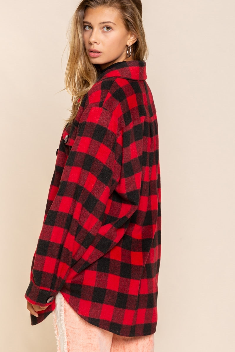 POL Clothing Womens Button Down Long Sleeve Plaid Jacket