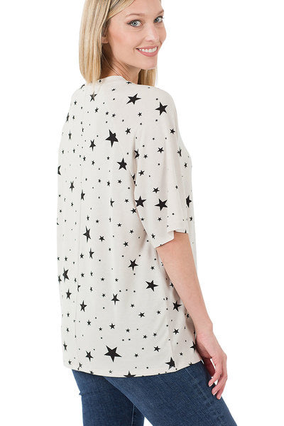 Zenana Womens Star Print Raglan Sleeve Round Neck Tee-Shirt