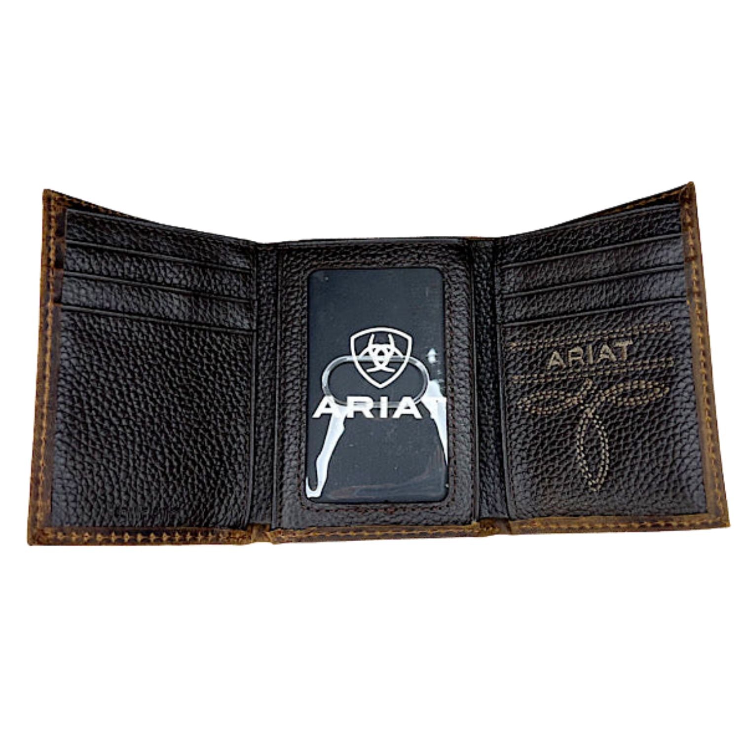 Ariat Mens Distressed Leather American Flag Shield Logo Tri-fold Wallet, Brown