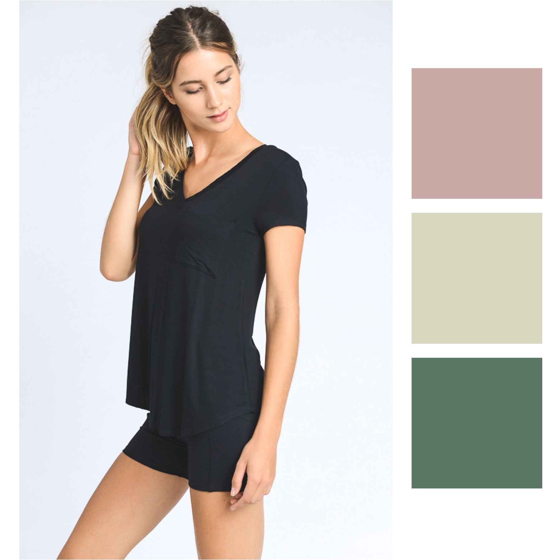 Mono B Womens Longline Deep V-Neck Pocket Short Sleeve Shirt