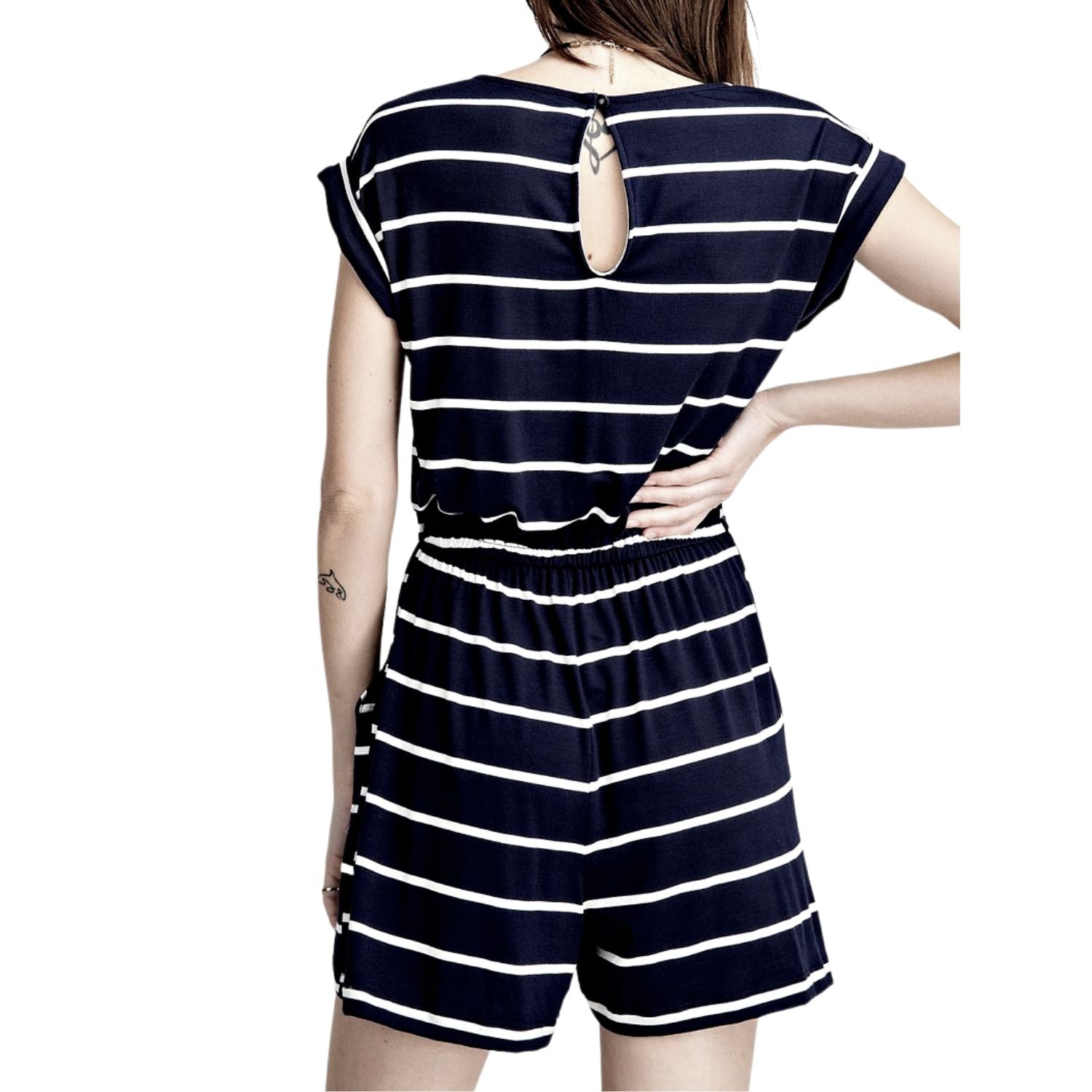 Rae Mode Womens Keyhole Back Short Sleeve Striped Short Jumpsuit