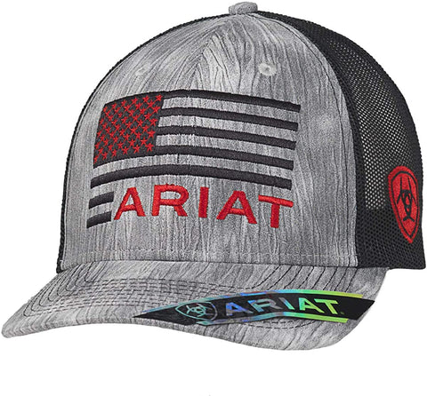Ariat Mens US Flag Logo Mesh Adjustable Snapback Cap Hat (Grey/Black)